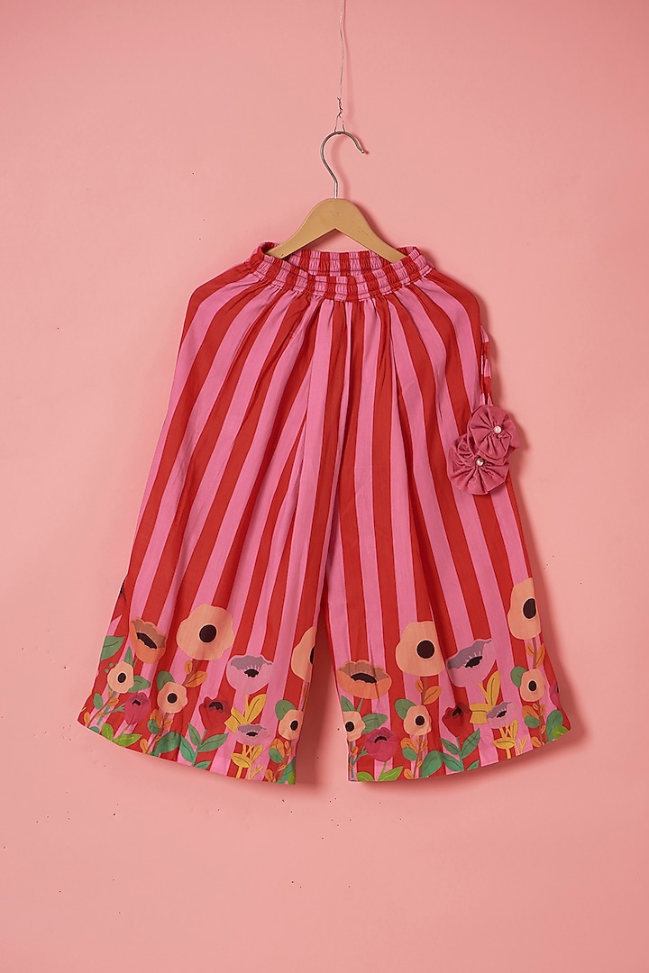 Pink Muslin Floral & Stripe Printed Palazzo Pant Set For Girls by Be Bonnie at Pernia's Pop Up Shop