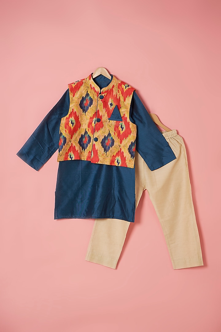 Multi-Colored Muslin Ikat Printed Bundi Jacket Set For Boys by Be Bonnie