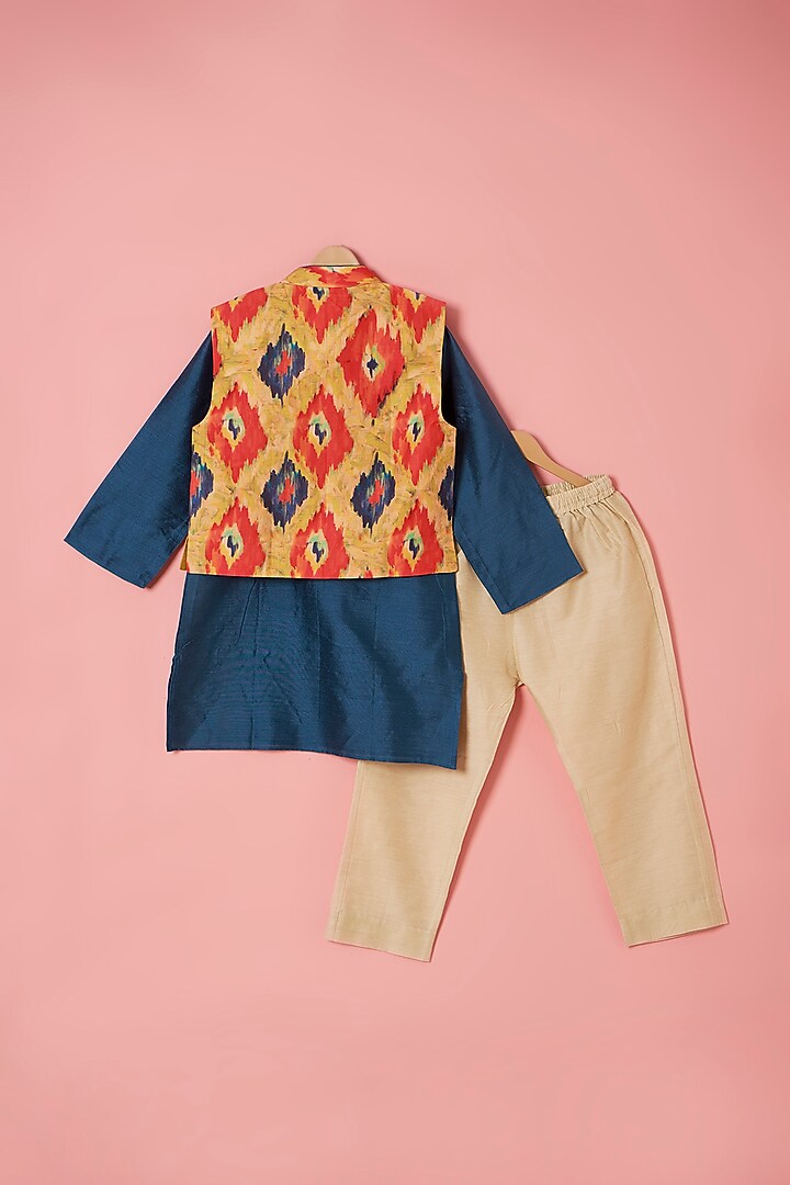 Multi-Colored Muslin Ikat Printed Bundi Jacket Set For Boys by Be Bonnie at Pernia's Pop Up Shop