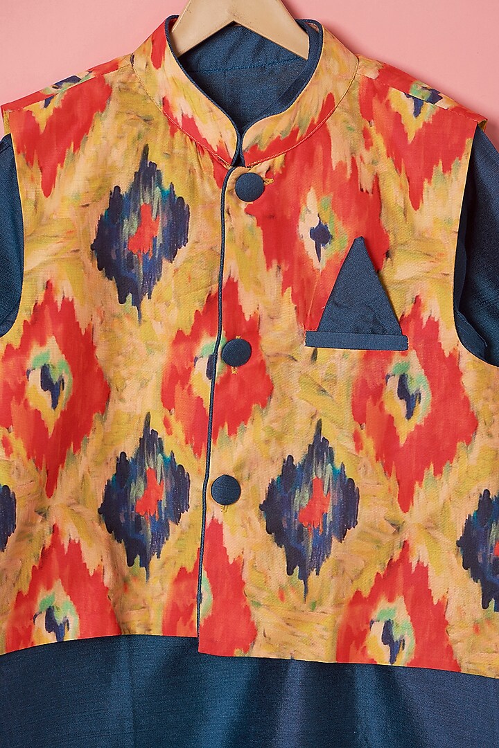 Multi-Colored Muslin Ikat Printed Bundi Jacket Set For Boys by Be Bonnie at Pernia's Pop Up Shop