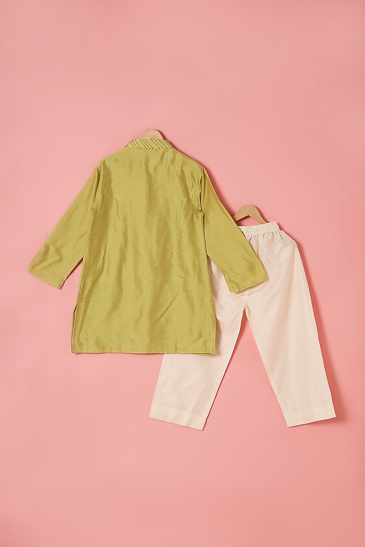Olive Green Cotton Silk Mirror Hand Embroidered Kurta Set For Boys by Be Bonnie at Pernia's Pop Up Shop