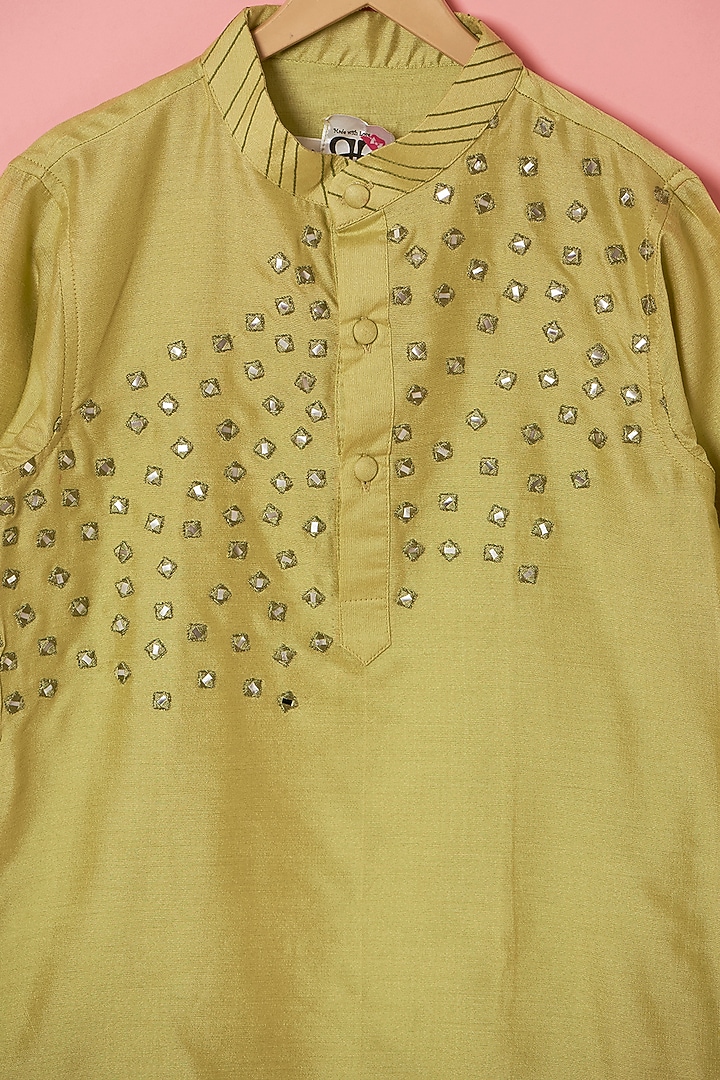 Olive Green Cotton Silk Mirror Hand Embroidered Kurta Set For Boys by Be Bonnie at Pernia's Pop Up Shop