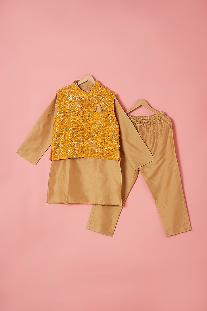 Yellow Cotton Silk Embroidered Nehru Jacket Set For Boys by Be Bonnie