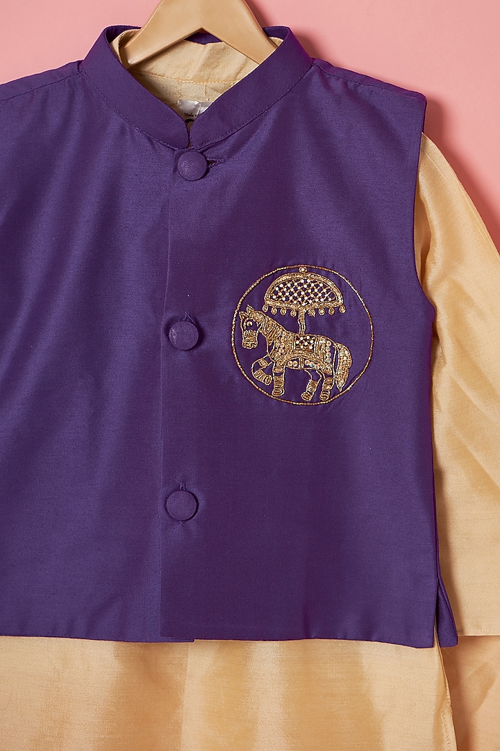 Purple Cotton Silk Zari Embroidered Bundi Jacket Set For Boys by Be Bonnie at Pernia's Pop Up Shop