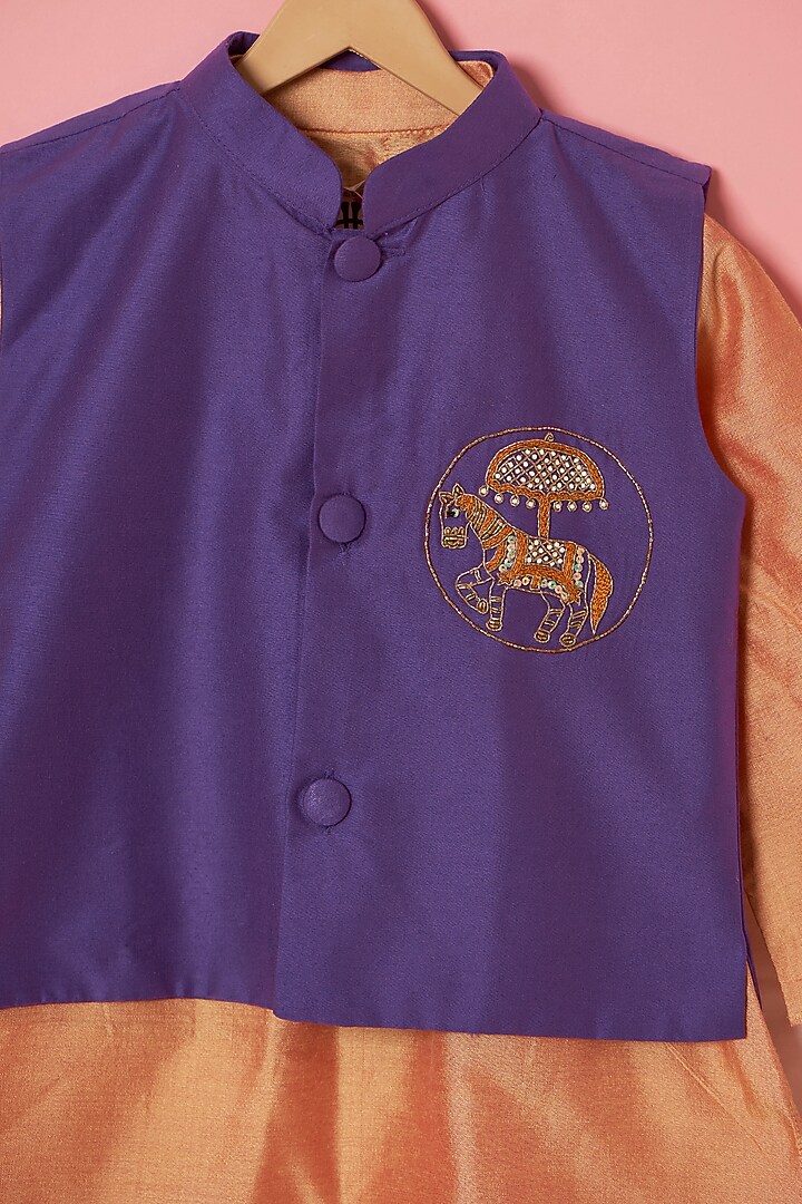 Purple Cotton Silk Zari Embroidered Bundi Jacket Set For Boys by Be Bonnie at Pernia's Pop Up Shop