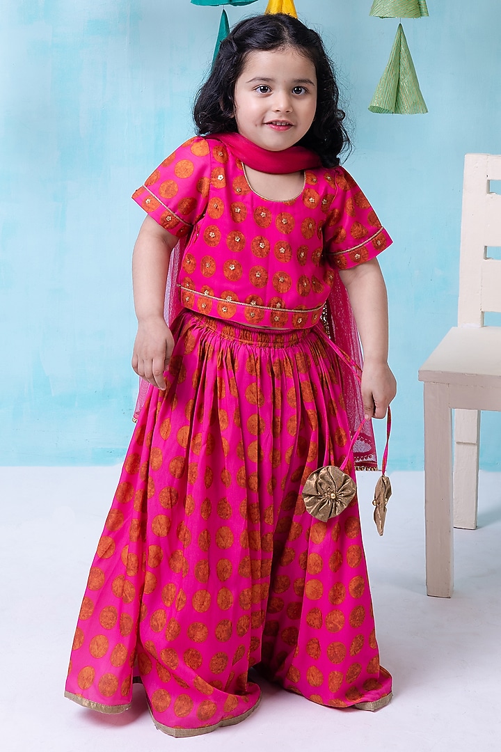 Pink Cotton Muslin Polka Dot Printed Lehenga Set For Girls by Be Bonnie at Pernia's Pop Up Shop