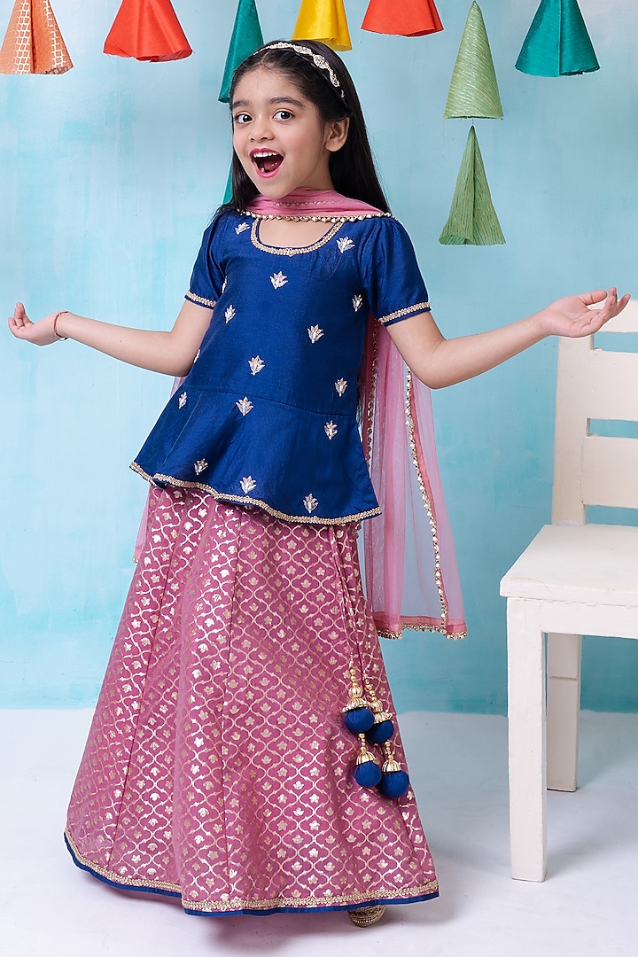 Pink & Blue Chanderi Kali Lehenga Set For Girls by Be Bonnie at Pernia's Pop Up Shop