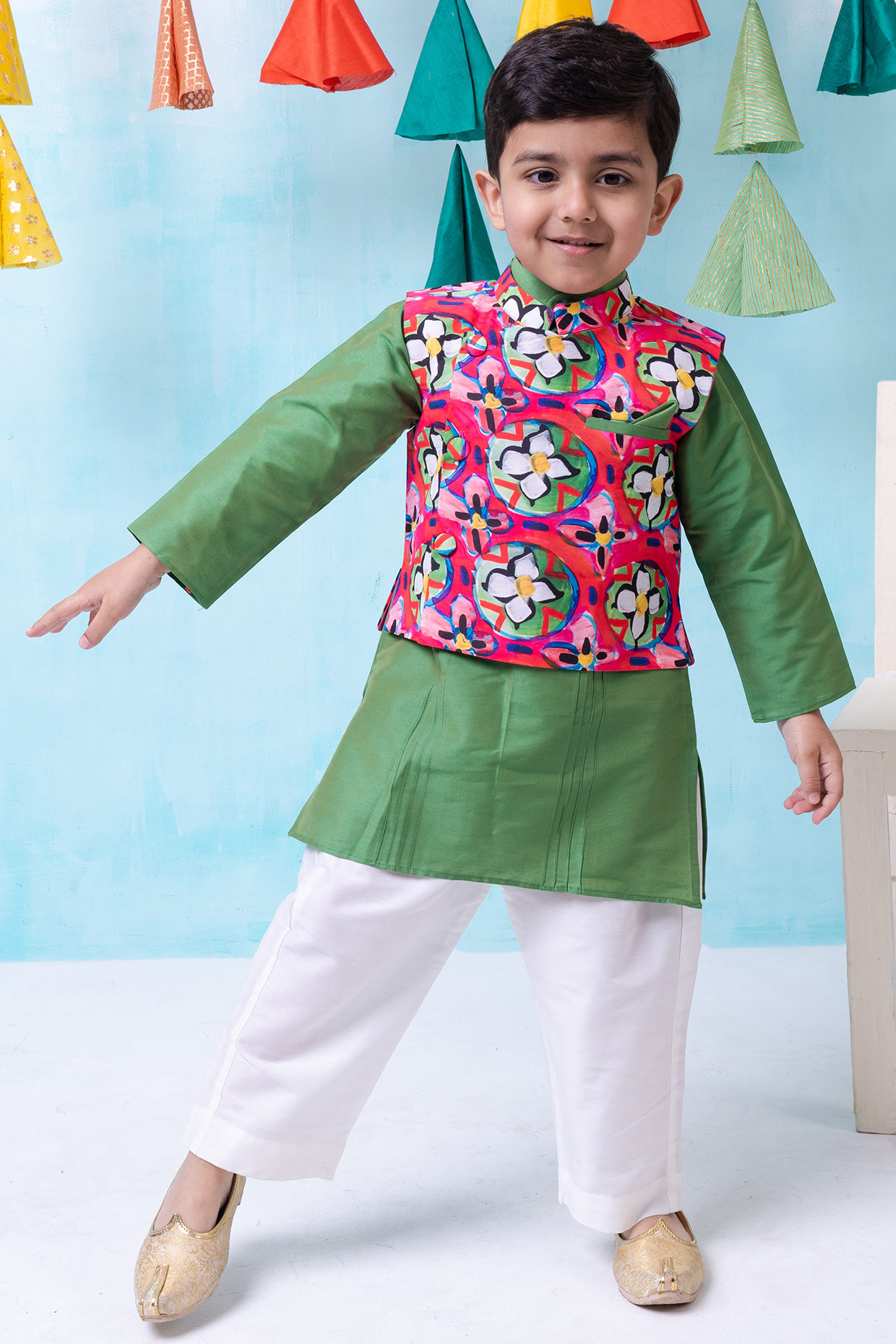 Multi-Colored Muslin & Cotton Silk Printed Nehru Jacket Set For Boys by Be Bonnie