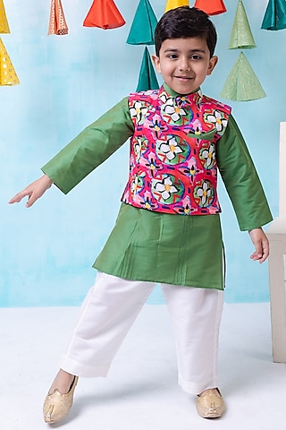 Multi-Colored Muslin & Cotton Silk Printed Nehru Jacket Set For Boys by Be Bonnie