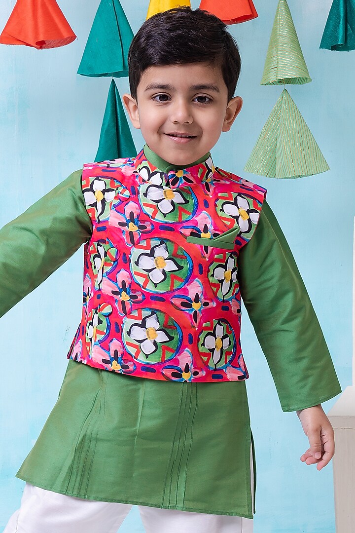 Multi-Colored Muslin & Cotton Silk Printed Nehru Jacket Set For Boys by Be Bonnie at Pernia's Pop Up Shop