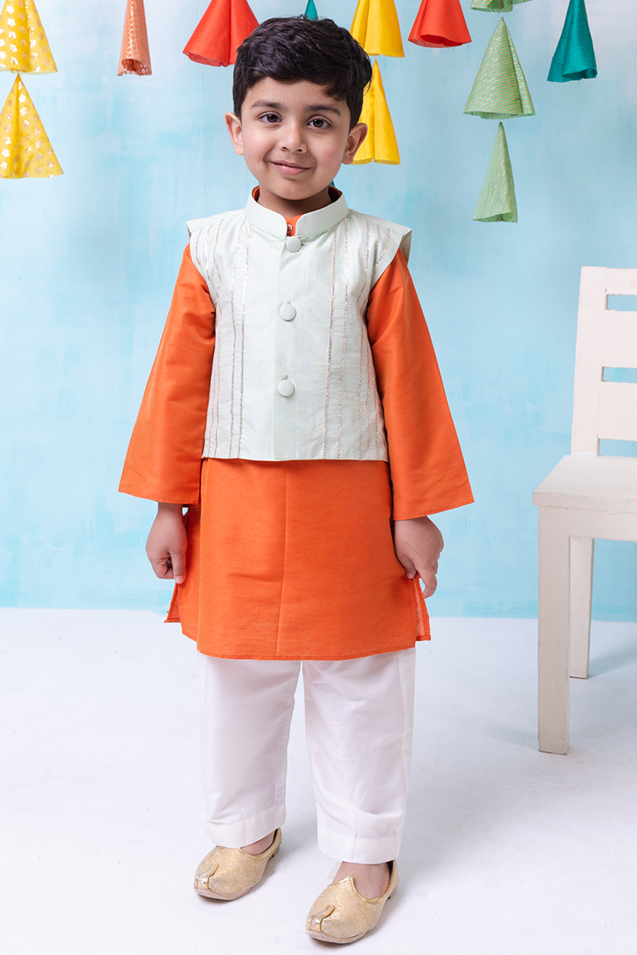 Mint Green Cotton Silk Nehru Jacket Set For Boys by Be Bonnie
