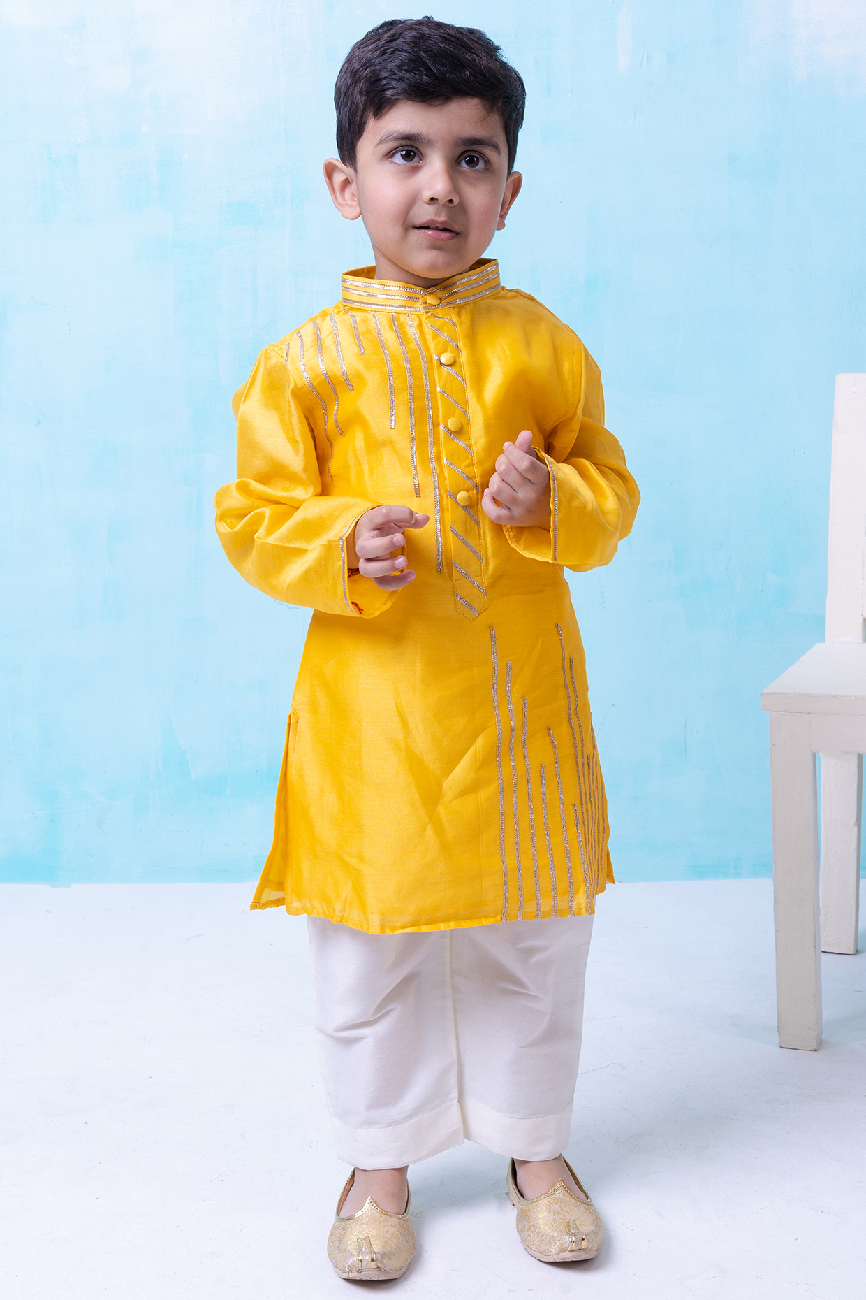 Yellow Chanderi Kurta Set For Boys by Be Bonnie