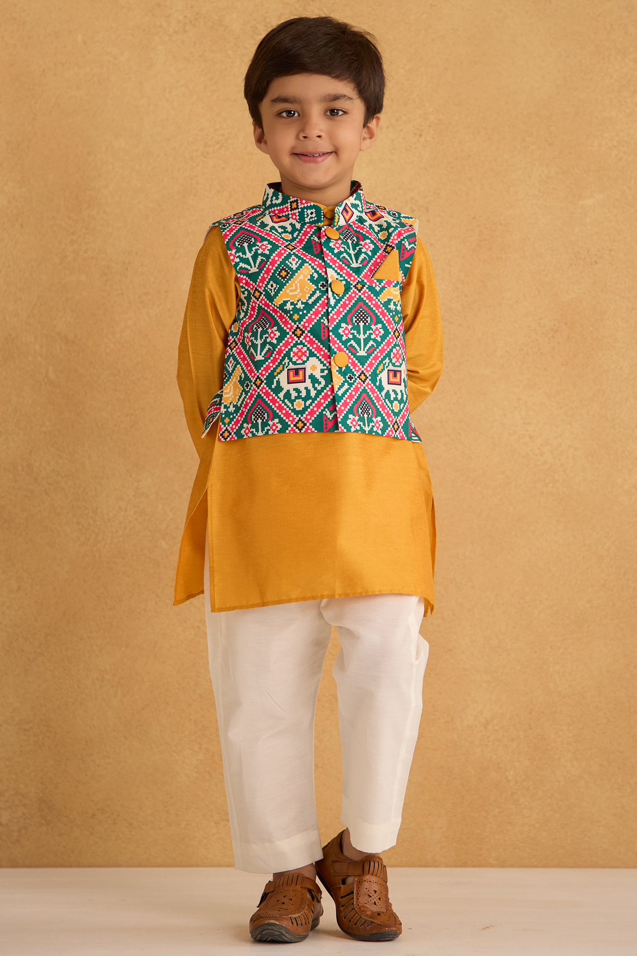 Multi-Colored Cotton Silk Patola Printed Nehru Jacket Set For Boys by Be Bonnie