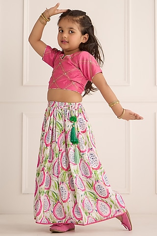 Pink Muslin & Cotton Silk Printed Palazzo Pant Set For Girls by Be Bonnie