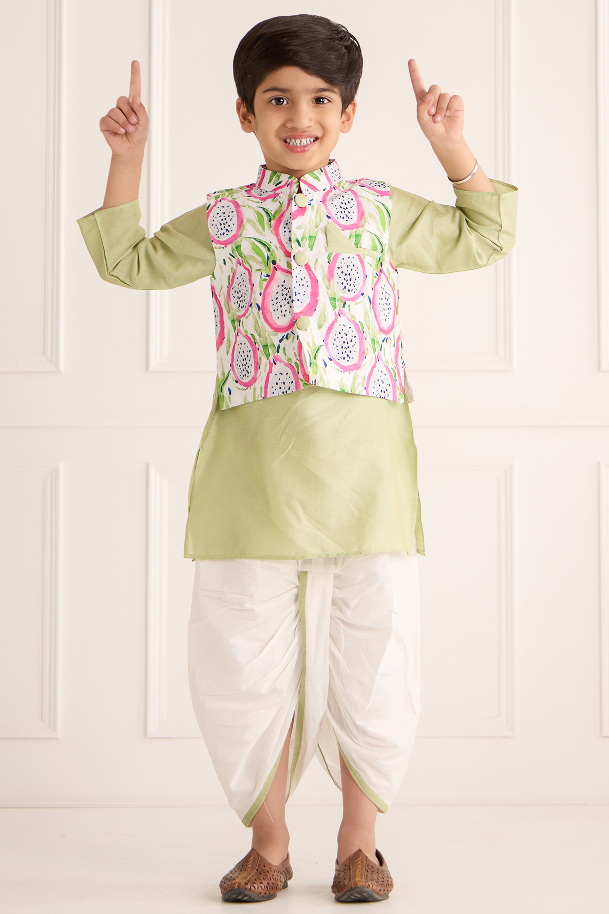 Multi-Colored Muslin Printed Nehru Jacket Set For Boys by Be Bonnie