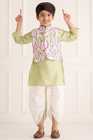 Multi-Colored Muslin Printed Nehru Jacket Set For Boys by Be Bonnie