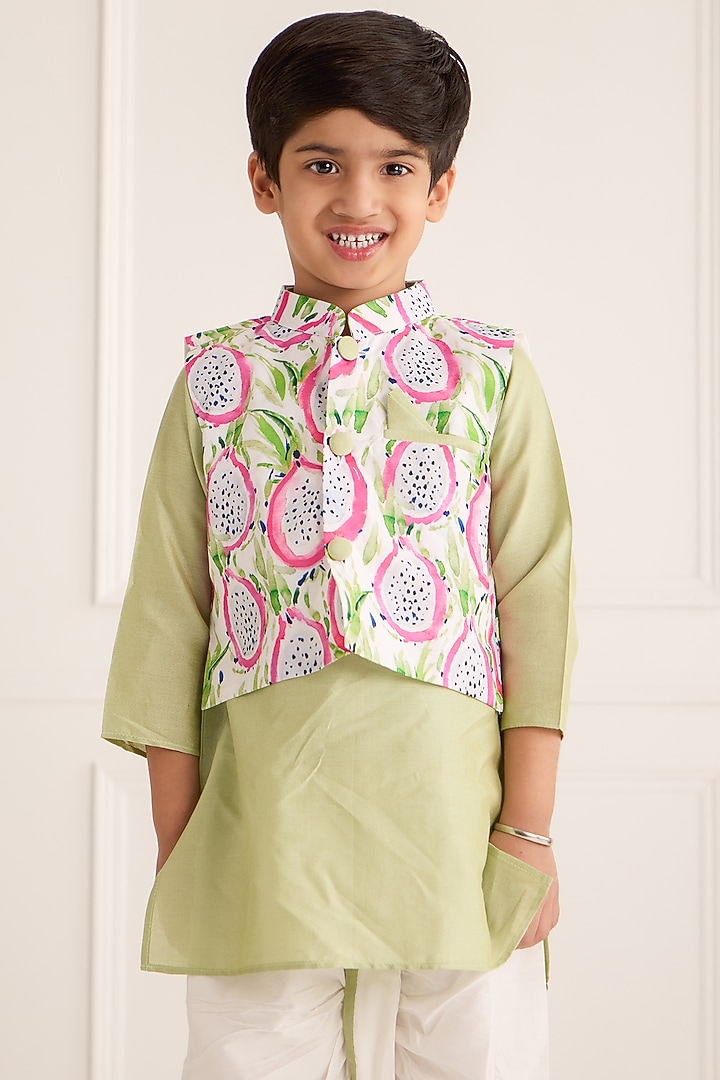 Multi-Colored Muslin Printed Nehru Jacket Set For Boys by Be Bonnie at Pernia's Pop Up Shop
