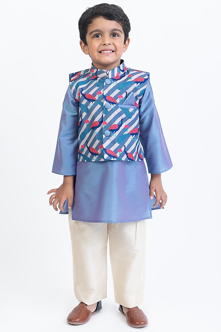 Multi-Colored Cotton Muslin Printed Nehru Jacket With Kurta Set For Boys by Be Bonnie