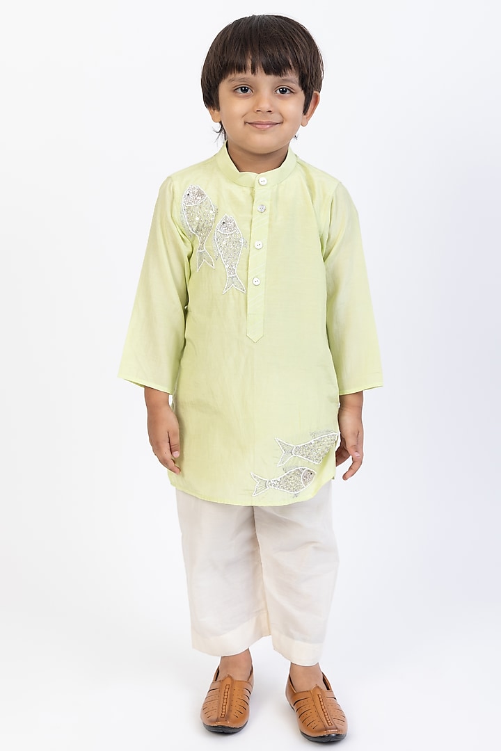 Green Cotton Silk Hand Embroidered Kurta Set For Boys by Be Bonnie