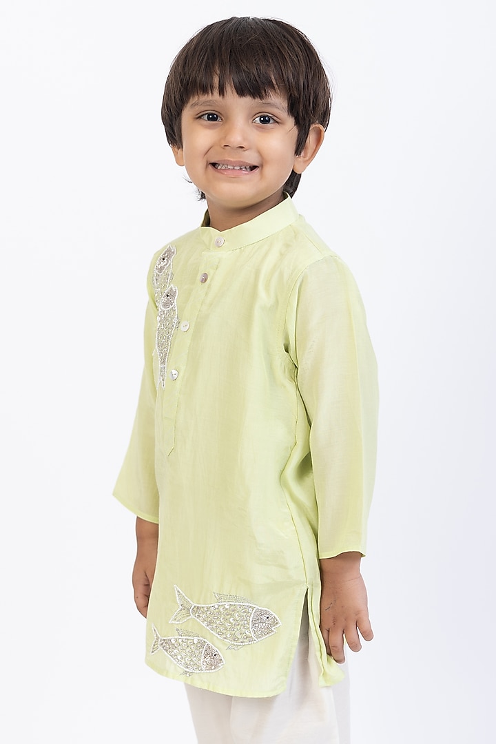 Green Cotton Silk Hand Embroidered Kurta Set For Boys by Be Bonnie at Pernia's Pop Up Shop
