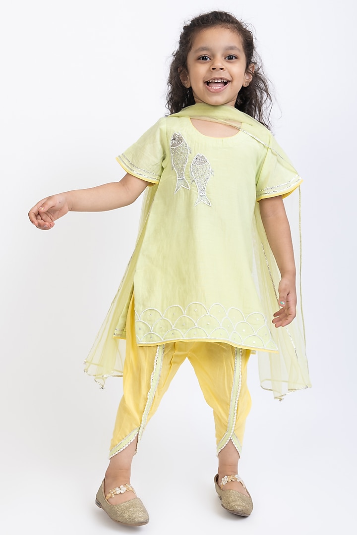 Yellow Cotton Silk Dhoti Set For Girls by Be Bonnie