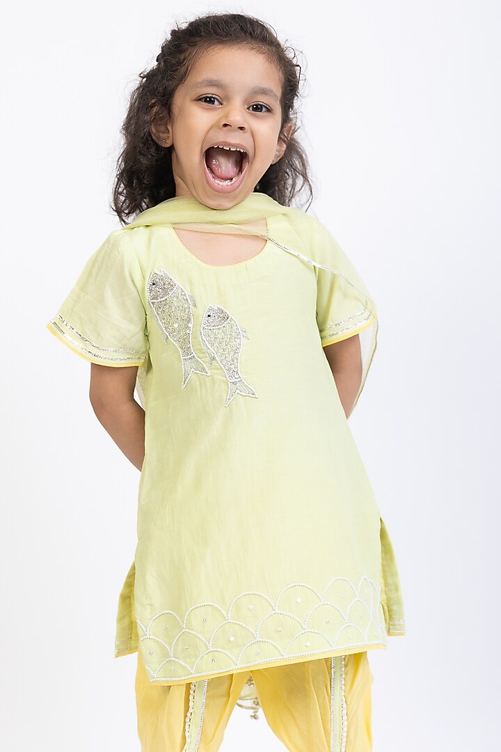 Yellow Cotton Silk Dhoti Set For Girls by Be Bonnie at Pernia's Pop Up Shop