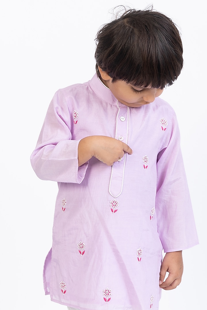 Lavender Cotton Silk Hand Embroidered Kurta Set For Boys by Be Bonnie at Pernia's Pop Up Shop