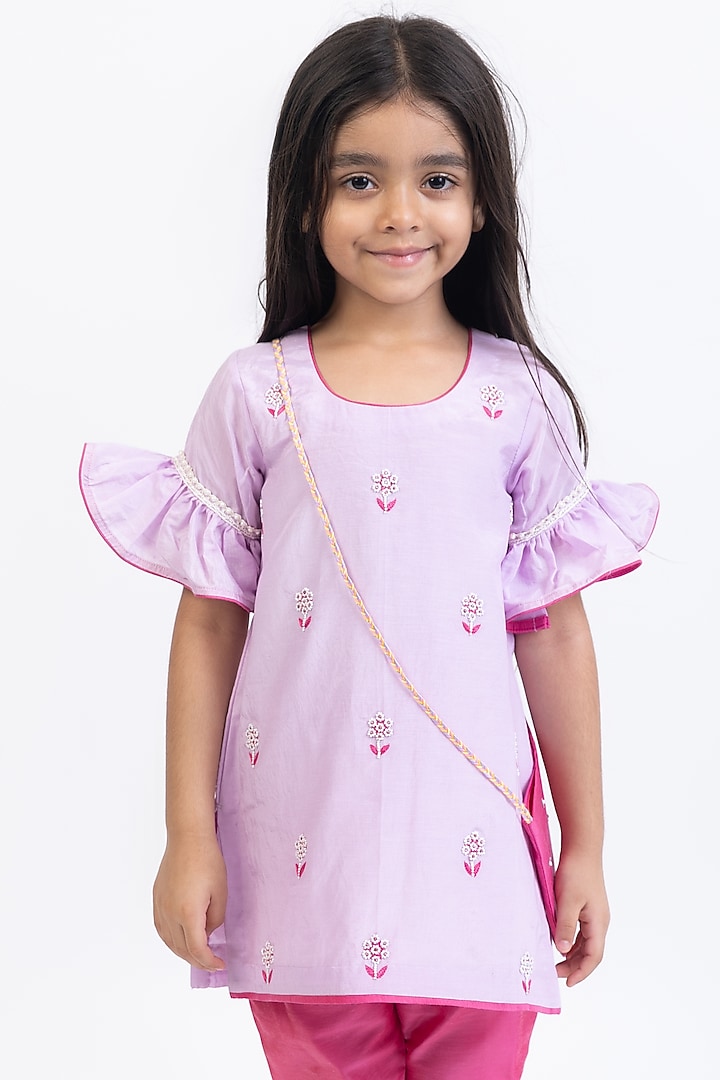 Lavender Cotton Silk Hand Embroidered Kurta Set For Girls by Be Bonnie at Pernia's Pop Up Shop