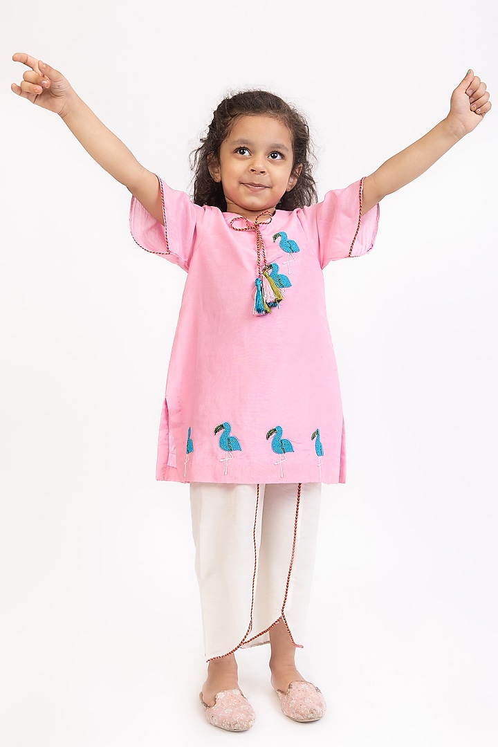Pink Cotton Silk Embroidered Kurta Set For Girls by Be Bonnie