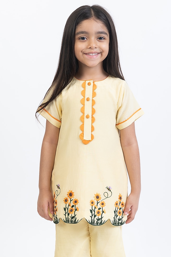 Yellow Cotton Silk Hand Embroidered Kurta Set For Girls by Be Bonnie at Pernia's Pop Up Shop
