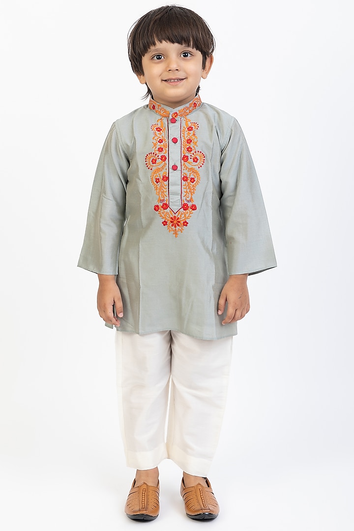 Grey Cotton Embroidered Kurta Set For Boys by Be Bonnie