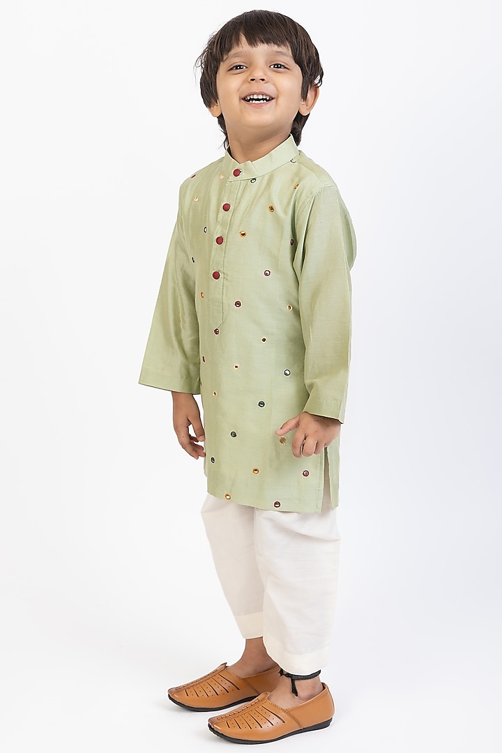 Green Cotton Hand Embroidered Kurta Set For Boys by Be Bonnie