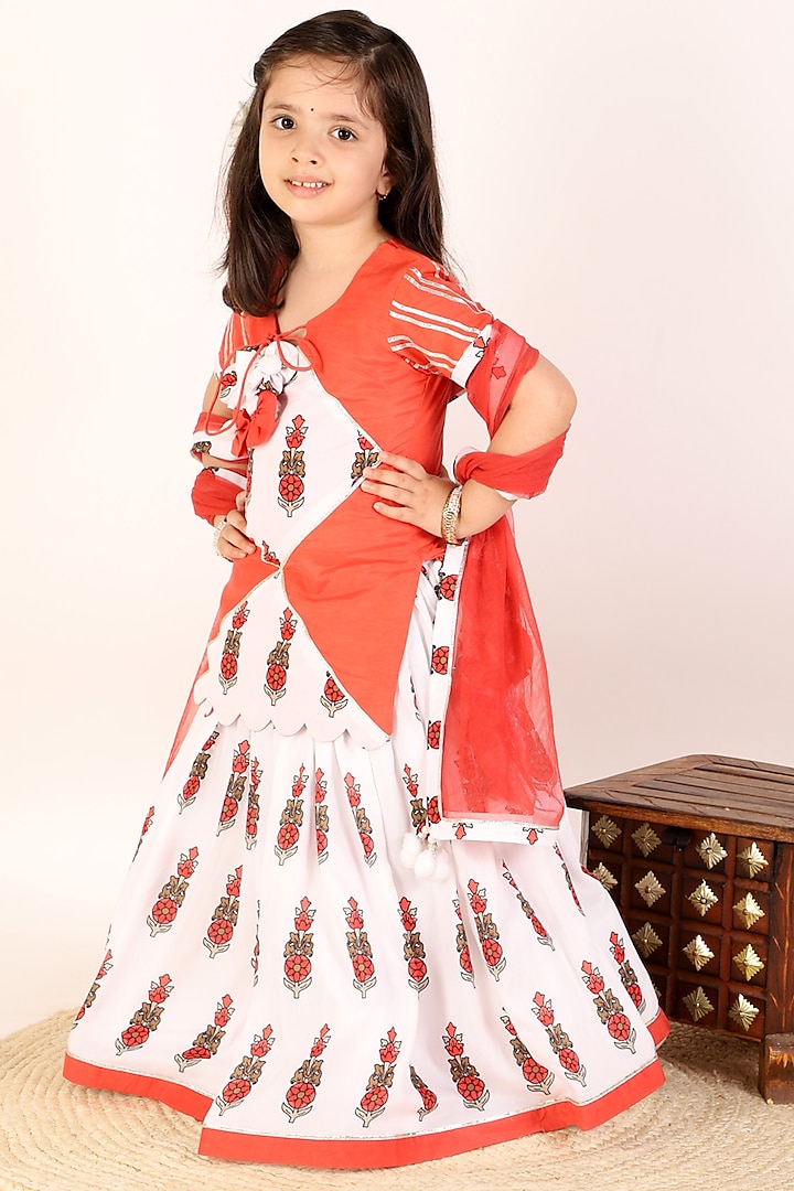 White & Rusty Orange Cotton Embroidered Lehenga Set For Girls by Be Bonnie