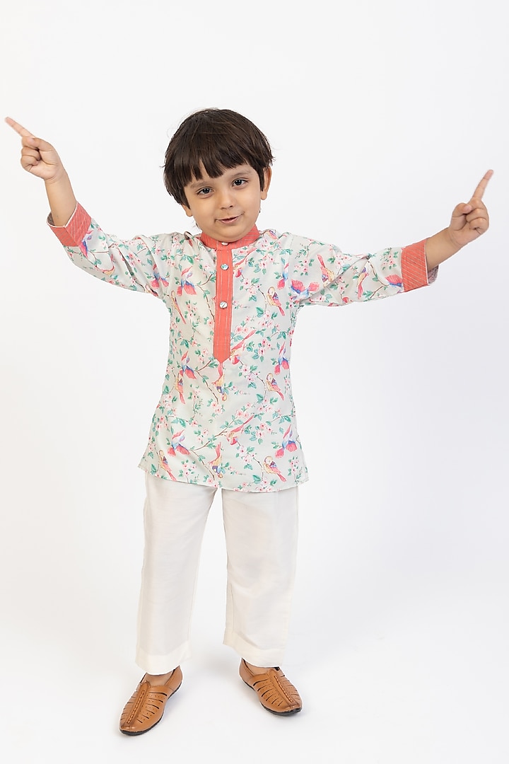 Multi-Colored Muslin Cotton Printed & Embroidered Kurta Set For Boys by Be Bonnie