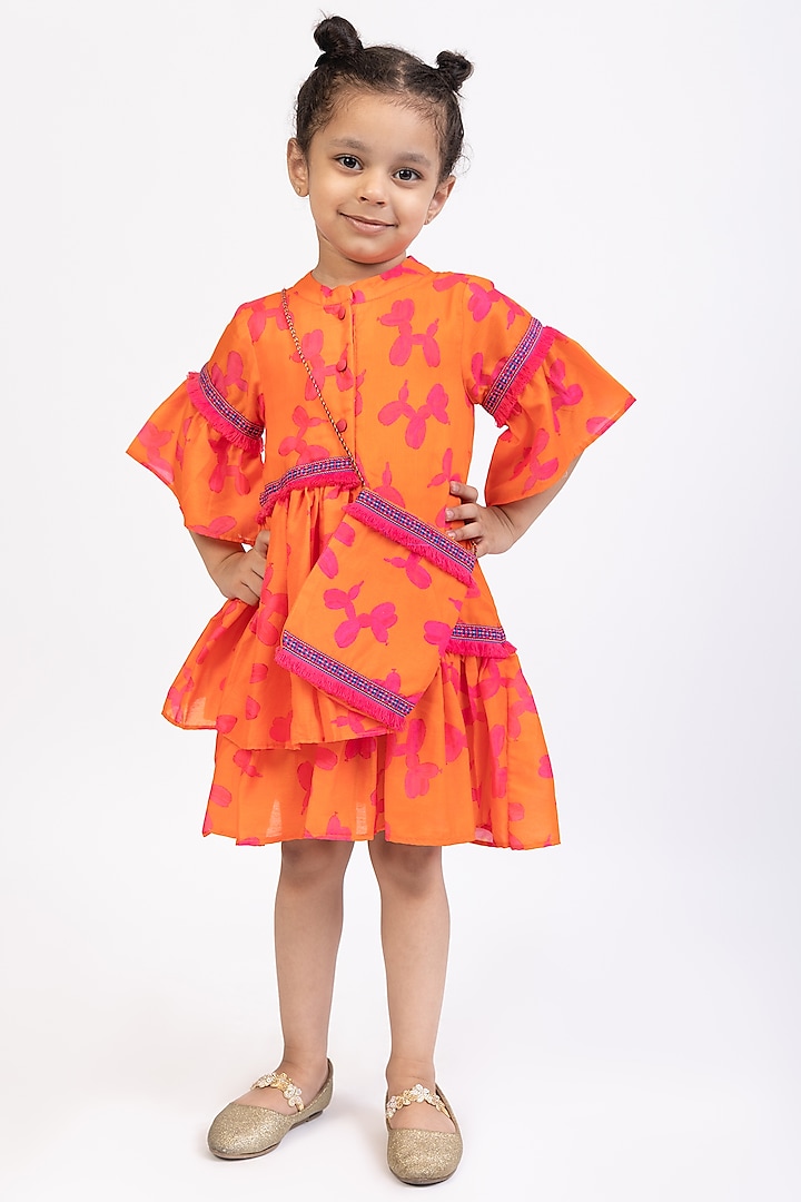 Orange Cotton Printed Layered Dress For Girls by Be Bonnie