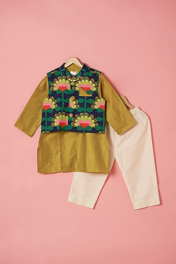 Multi-Colored Cotton Silk Zari Embroidered Bundi Jacket Set For Boys by Be Bonnie