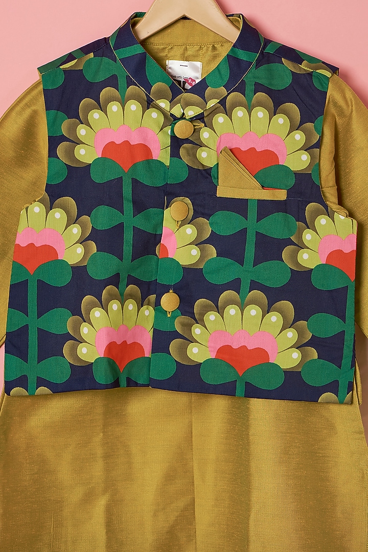Multi-Colored Cotton Silk Zari Embroidered Bundi Jacket Set For Boys by Be Bonnie at Pernia's Pop Up Shop