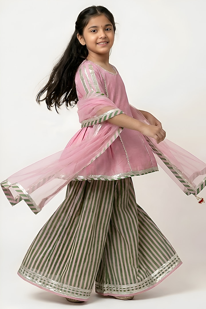 Pink Cotton Silk Gota Work Kurta Set For Girls by Be Bonnie at Pernia's Pop Up Shop