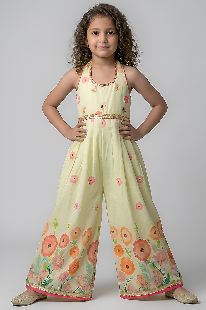 Yellow Cotton Muslin Floral Printed Halter Jumpsuit For Girls by Be Bonnie at Pernia's Pop Up Shop