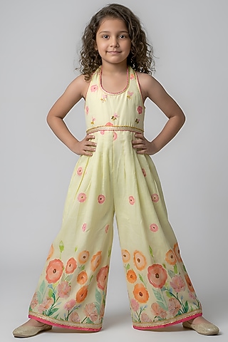 Yellow Cotton Muslin Floral Printed Halter Jumpsuit For Girls by Be Bonnie