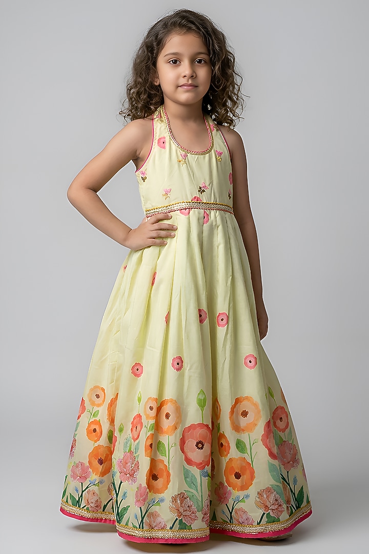 Yellow Cotton Muslin Floral Printed Halter Jumpsuit For Girls by Be Bonnie at Pernia's Pop Up Shop
