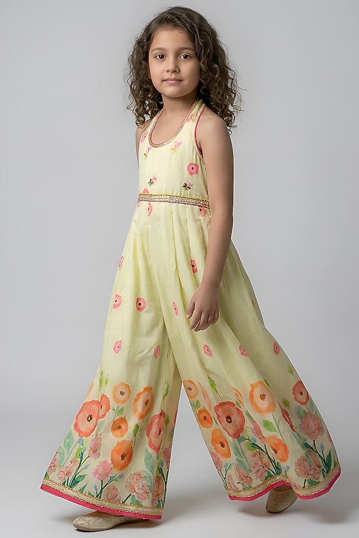 Yellow Cotton Muslin Floral Printed Halter Jumpsuit For Girls by Be Bonnie at Pernia's Pop Up Shop