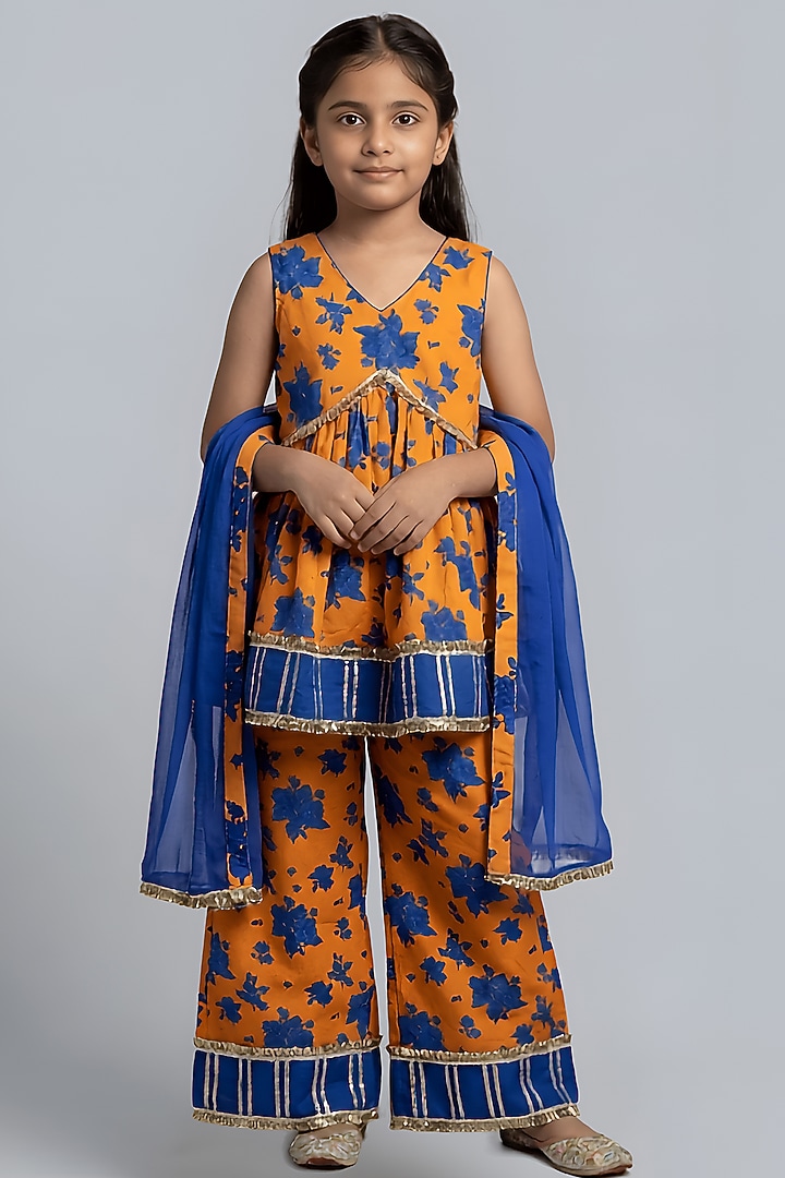 Orange Cotton Muslin Floral Kurta Set For Girls by Be Bonnie at Pernia's Pop Up Shop
