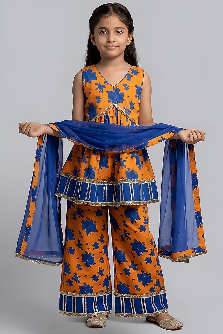 Orange Cotton Muslin Floral Kurta Set For Girls by Be Bonnie at Pernia's Pop Up Shop
