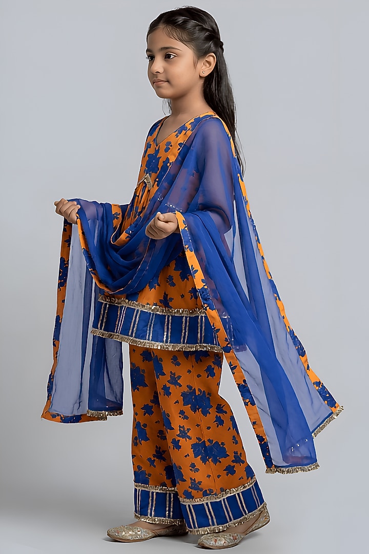 Orange Cotton Muslin Floral Kurta Set For Girls by Be Bonnie at Pernia's Pop Up Shop