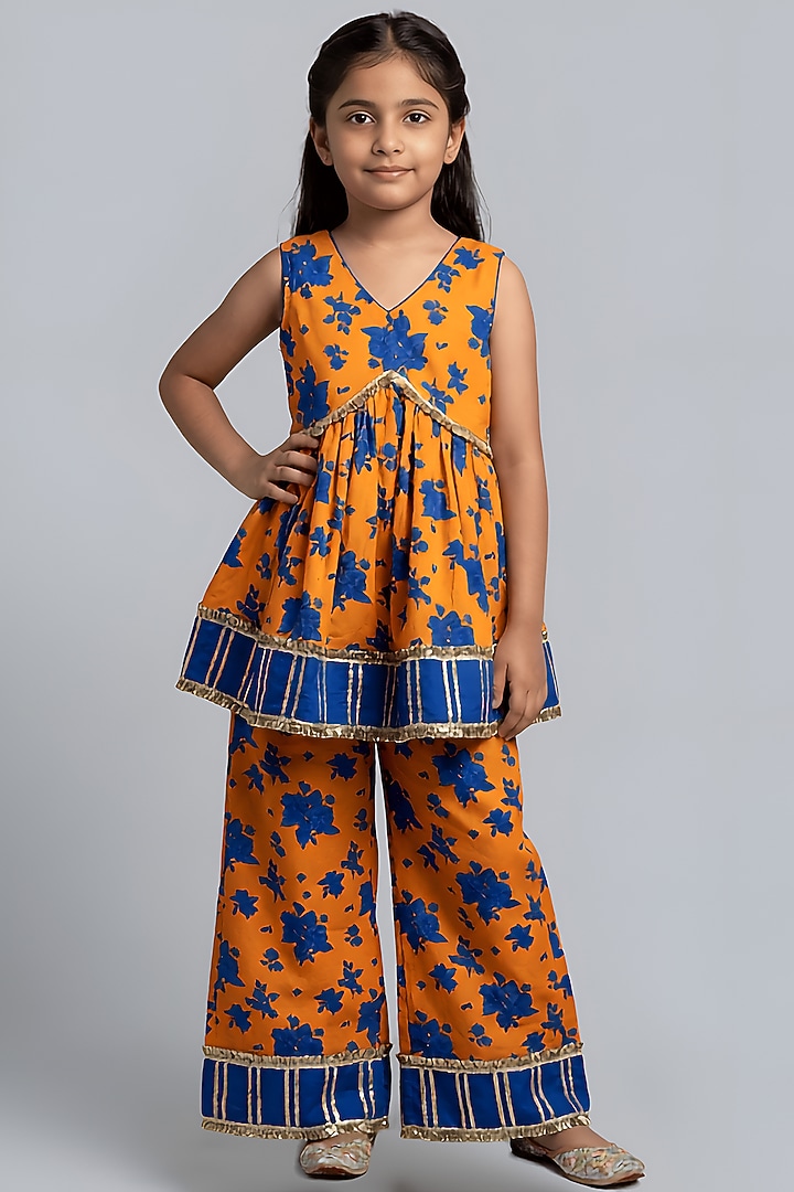 Orange Cotton Muslin Floral Kurta Set For Girls by Be Bonnie at Pernia's Pop Up Shop