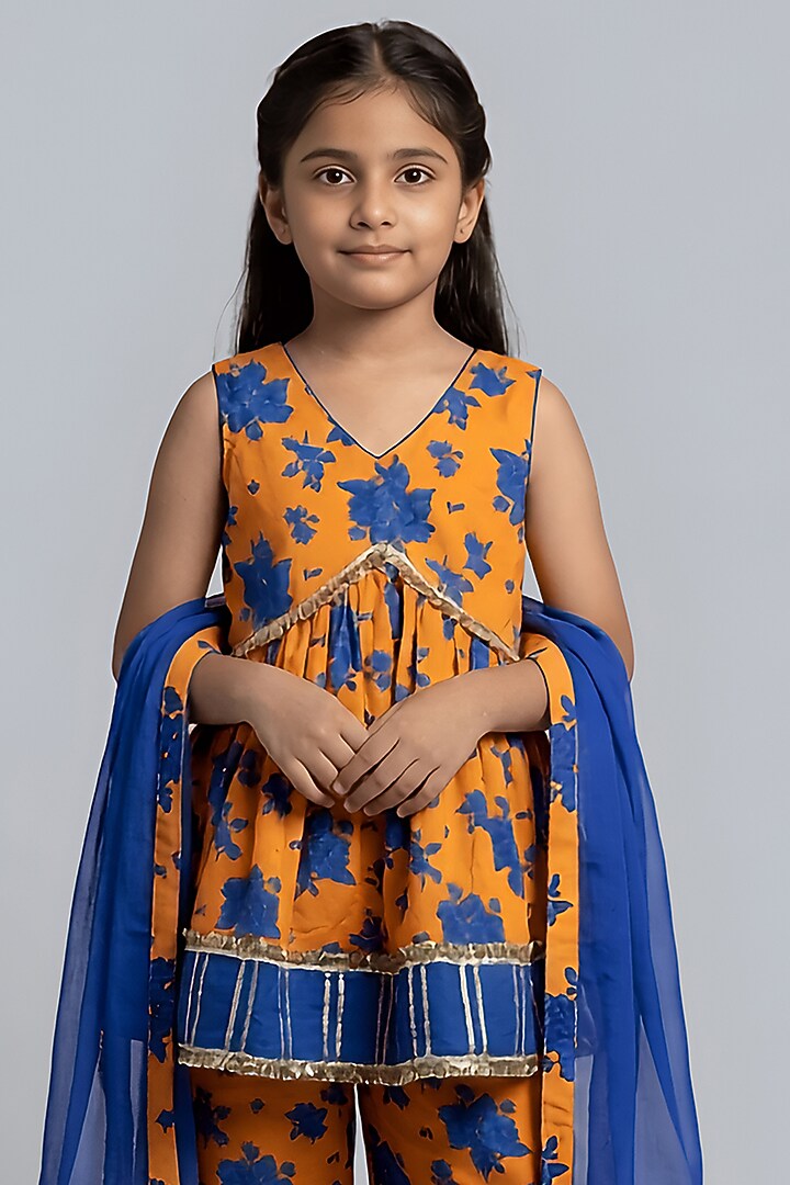 Orange Cotton Muslin Floral Kurta Set For Girls by Be Bonnie at Pernia's Pop Up Shop
