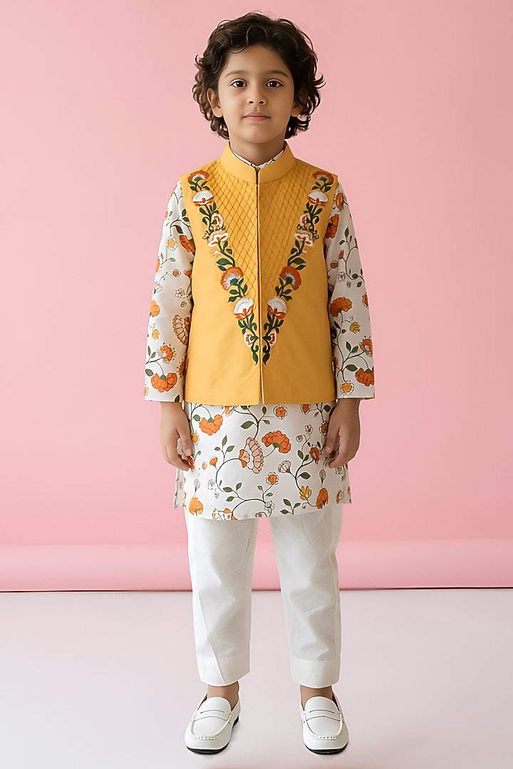 Yellow Cotton Silk Thread Embroidered Nehru Jacket Set For Boys by Be Bonnie at Pernia's Pop Up Shop