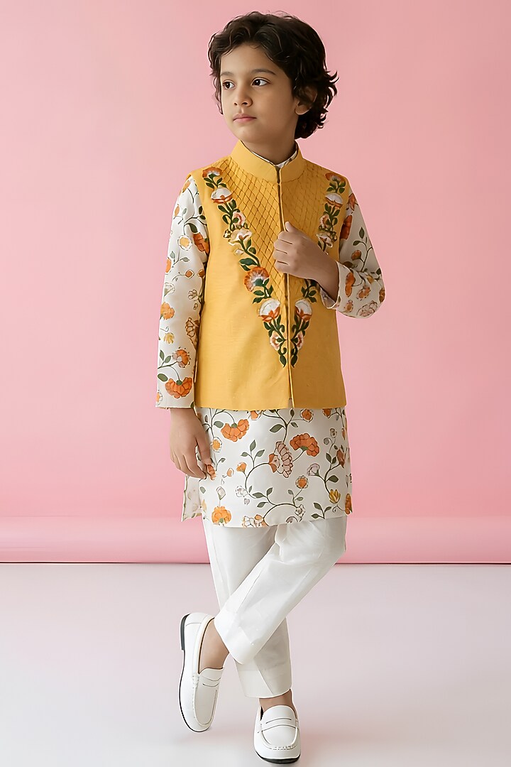 Yellow Cotton Silk Thread Embroidered Nehru Jacket Set For Boys by Be Bonnie at Pernia's Pop Up Shop