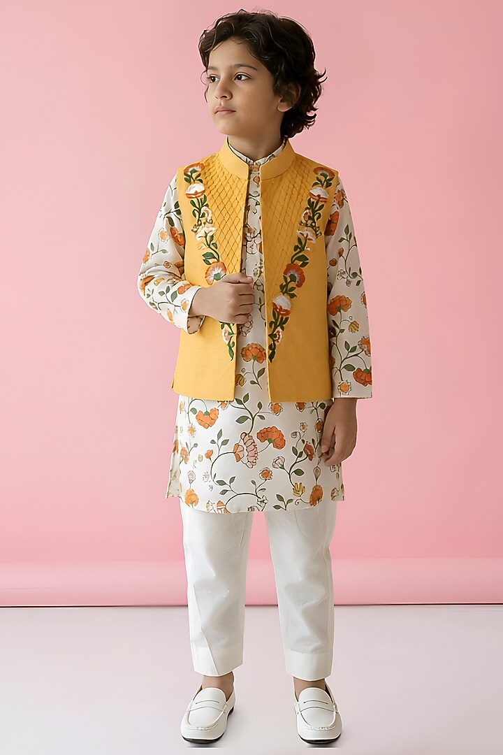 Yellow Cotton Silk Thread Embroidered Nehru Jacket Set For Boys by Be Bonnie at Pernia's Pop Up Shop